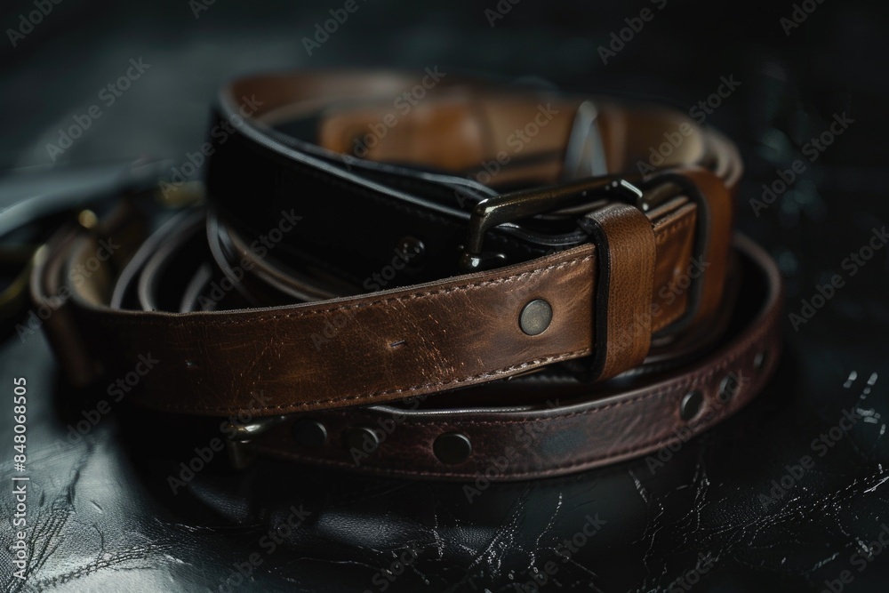 Aufkleber A close-up shot of a leather belt lying on a table, suitable for use in various contexts such as fashion, accessories, or still life photography