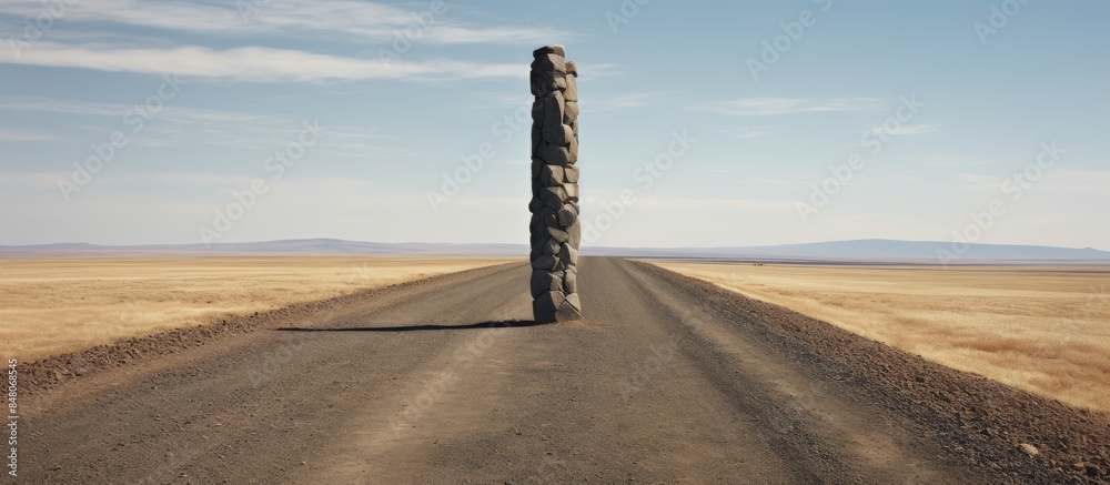 Poster road with stone pole on side. creative banner. copyspace image
