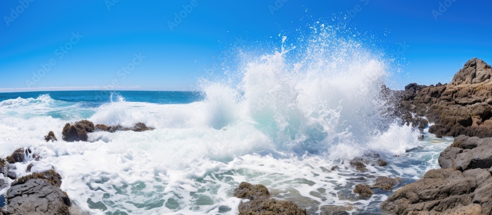 Poster rough white ocean foam crashing on ragged beach rocks. creative banner. copyspace image