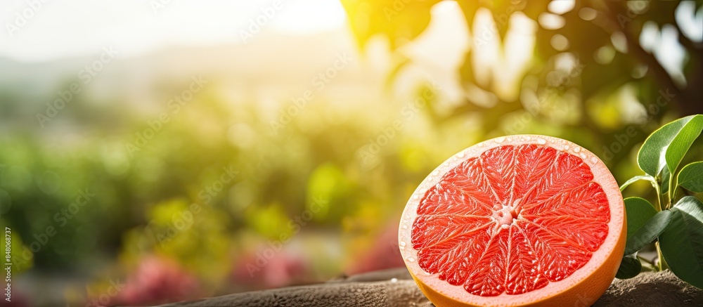 Poster beautiful fresh grapefruit in the garden. creative banner. copyspace image