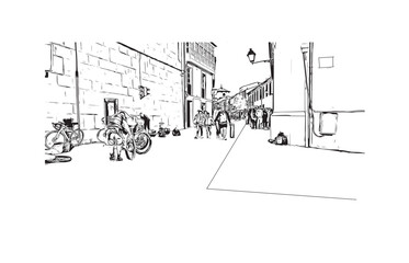 Print Building view with landmark of 
Santiago de Compostela is the city in Spain. Hand drawn sketch illustration in vector.