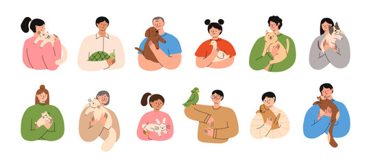 Set of people holding their pets. Happy domestic animal owners. Pet lowers concept. Flat vector illustration isolated on a white background.