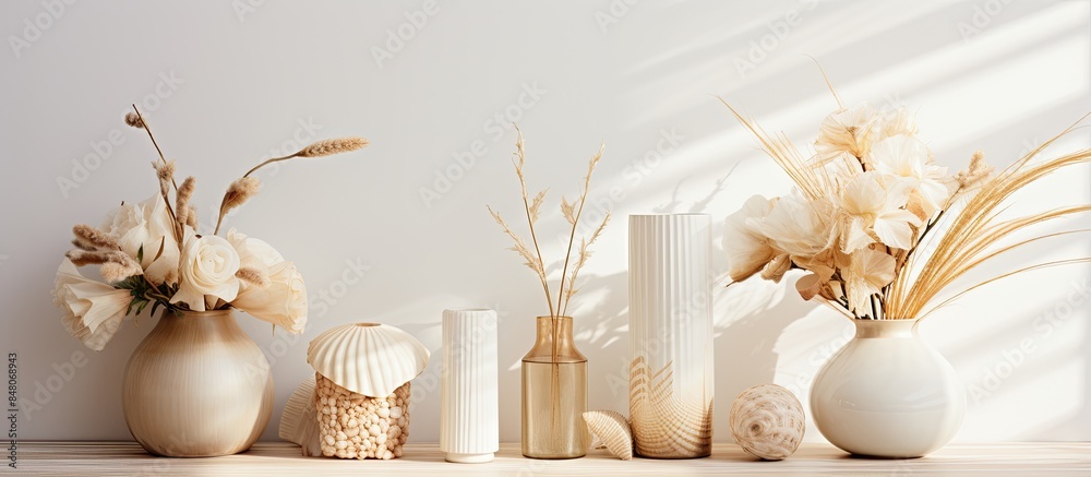 Poster flower vases and shells on the table. creative banner. copyspace image