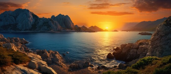 evening view of the beautiful mountain in the sea with rocks in the foreground. Creative banner. Copyspace image