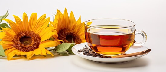 Black tea in the glass cup and sunflower near isolated on a white background Copy space