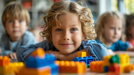 Obraz premium A cheerful young child smiles happily while surrounded by colorful building blocks, enjoying creative playtime.