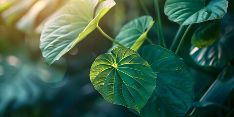 Closeup of fresh kava plant leaves in a Polynesian rainforest garden. Concept Nature Photography, Tropical Plants, Botanical Gardens, Close-up Shots, Greenery