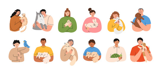 Set of people holding their pets. Happy domestic animal owners. Pet lowers concept. Flat vector illustration isolated on a white background.