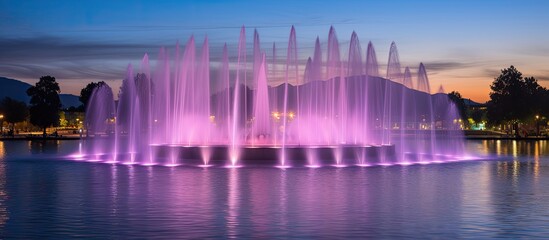 The colorful of fountain on the lake at night. Creative banner. Copyspace image