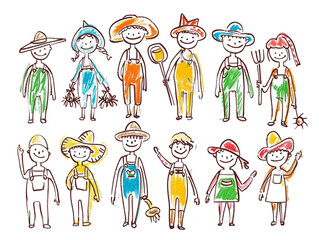 Fototapeta premium Hand drawn of happy farmers in stick figure illustration style. Isolated on a white background.