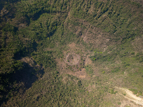 Straight down 90 degree aerial drone shot of a smaller volcano crater within San Salvador large volcano crater in El Boqueron National Park near Santa Tecla area.