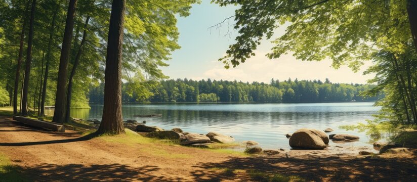 lakeside in the forest on a clear sunny day. Creative banner. Copyspace image