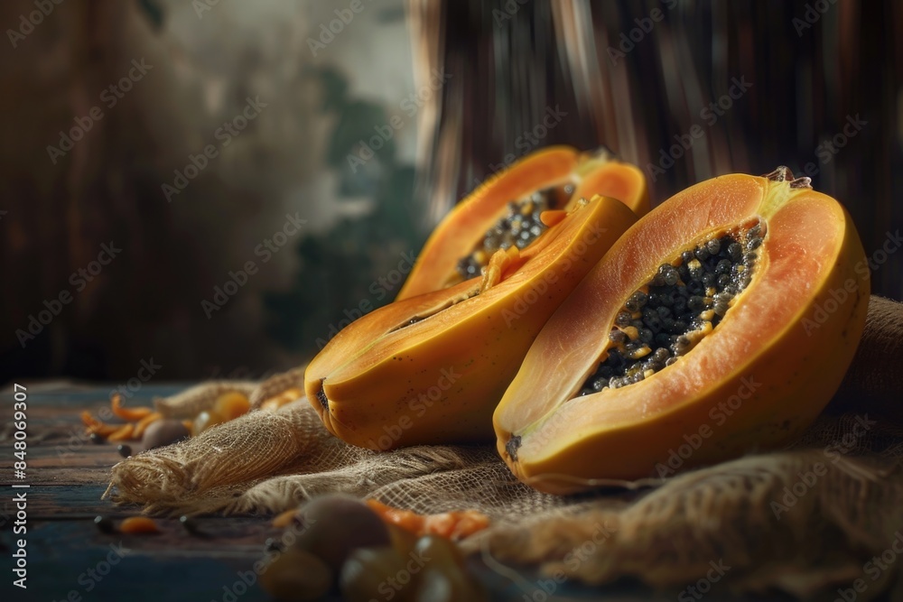 Aufkleber fresh papaya halves displayed on a clean table, ready for use or display