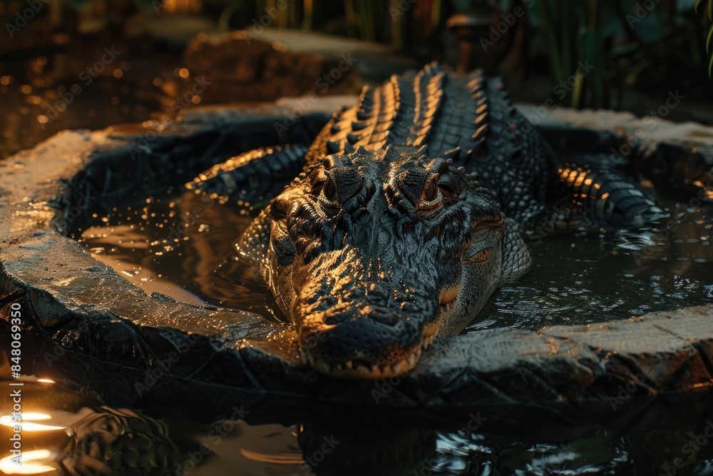 Poster a large alligator resting in a pool of calm water