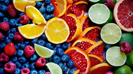 Fresh fruit stall, close-up on berries and citrus, no humans, bright color contrast. 