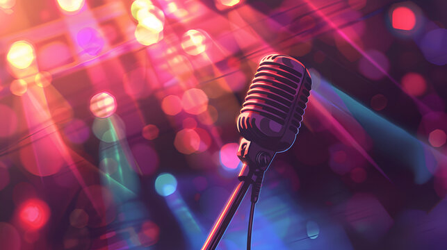 a photorealistic microphone with a spotlight on it, representing the spotlight that jamali was once in, with a blurred background of a concert stage