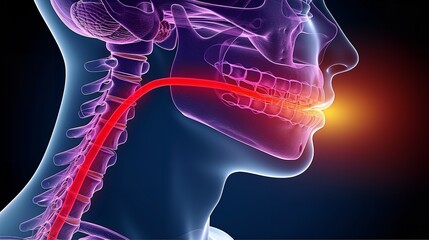 An illustration of the human neck and throat anatomy, showcasing the spinal cord, esophagus, and other structures