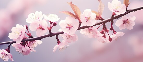 Blooming pink flowers on a tree. Creative banner. Copyspace image