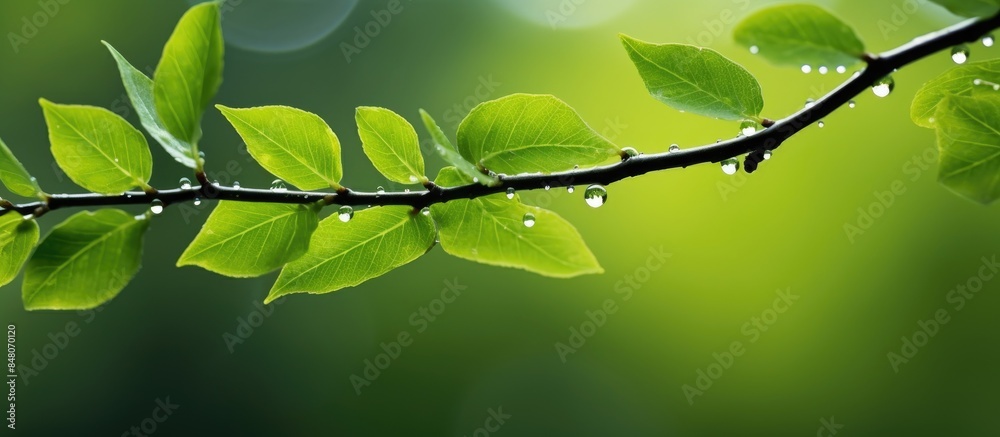 Aufkleber young leaves on a tree branch with wet drops in the spring. creative banner. copyspace image