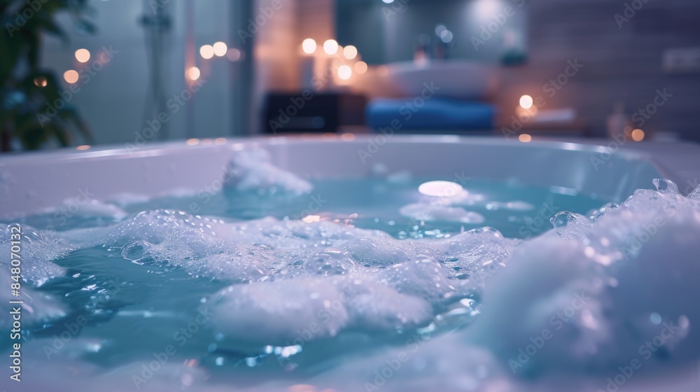 Poster a person enjoying a relaxing soak in a hot tub with water and bubbles, suitable for use as a backgro