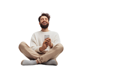 A asian young man sit down and using phone, with a transparent background.