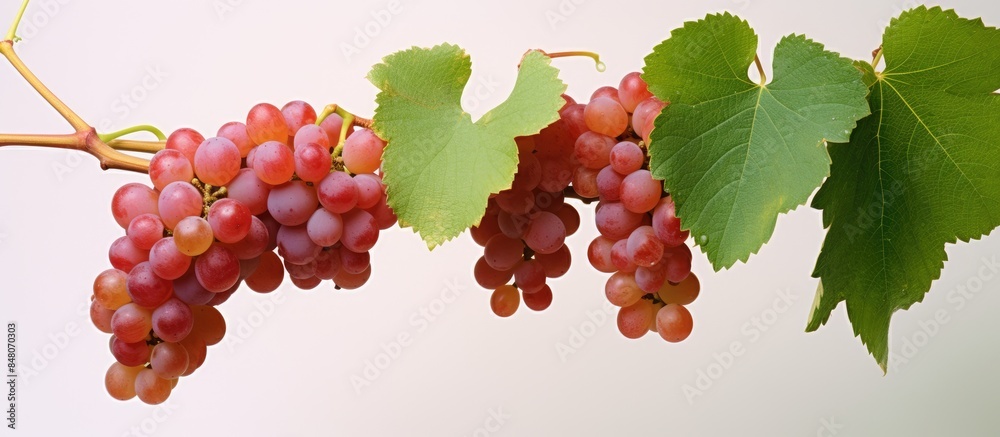 Poster red grapes with green leaves on the vine. creative banner. copyspace image