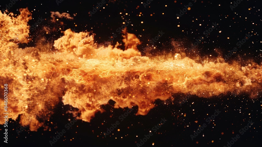 Poster large explosion of orange and yellow smoke with debris and dust in the air, suitable for use as a ba