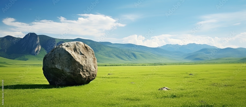 Poster rock in the green field. creative banner. copyspace image