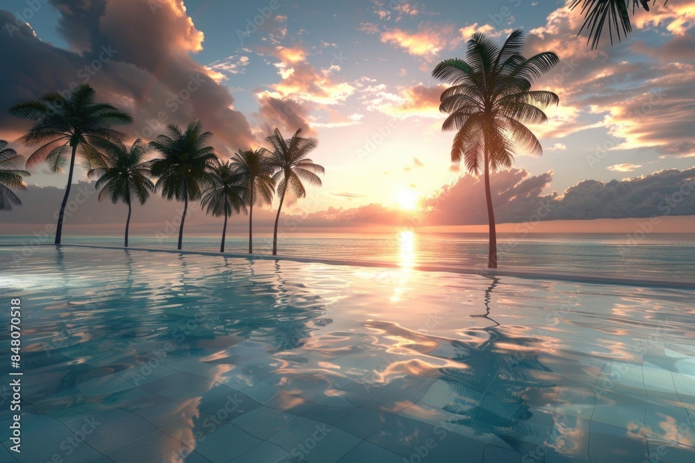 Poster A serene scene of a pool with palm trees and a beautiful sunset in the background, suitable for use in travel or lifestyle photography