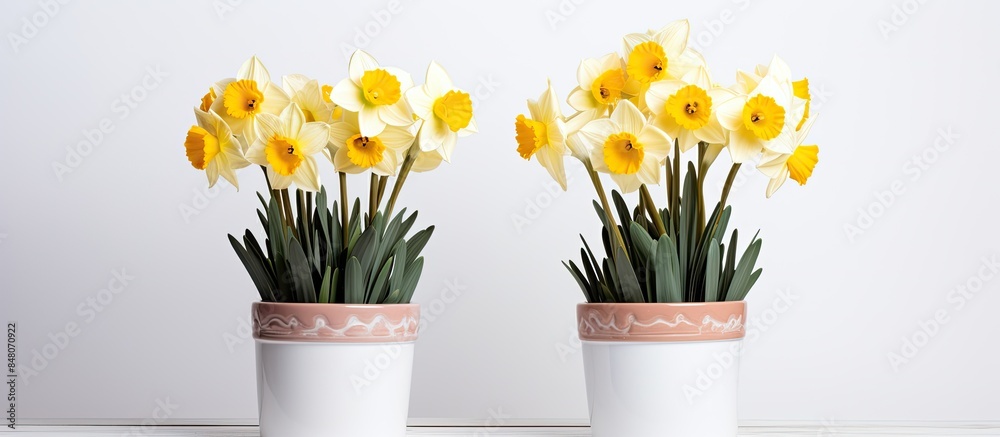Poster spring flowers in full bloom in pots against white background yellow and white daffodil blossoms. cr