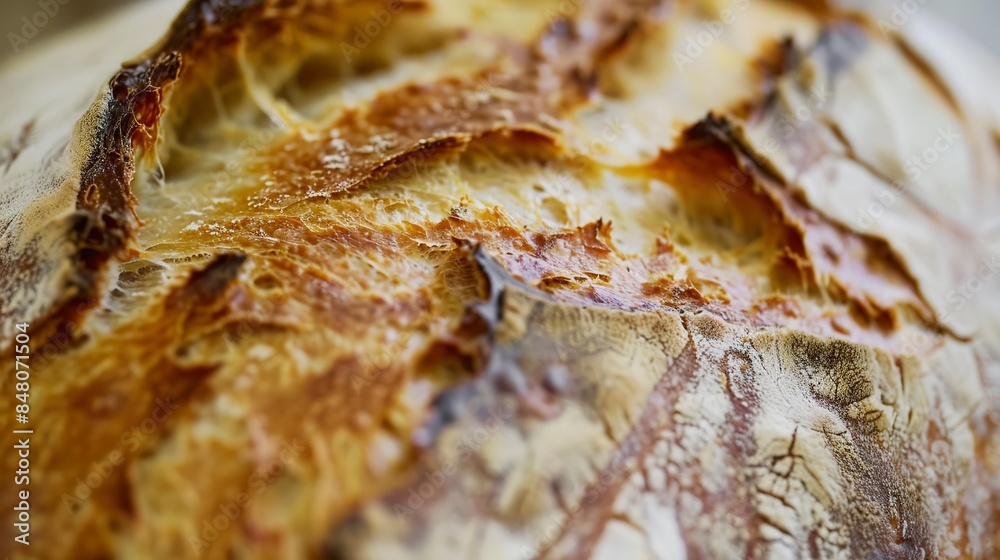 Sticker Close-up of a loaf of sourdough bread, crusty golden exterior with detailed scoring, soft natural light, rustic and inviting. 