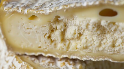 Detailed shot of a wedge of artisan cheese, intricate rind and creamy interior, soft light, gourmet and textured. 