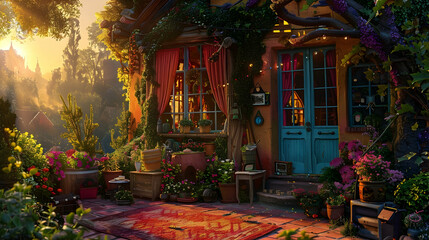 A bohemian cottage with colorful decorations, large windows, and a whimsical garden. The setting sun casts a warm light over the eclectic landscape.