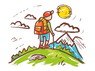 Fototapeta premium A small child's drawing showing a hiker hiking in a hilly area. Drawing in cartoon style.
