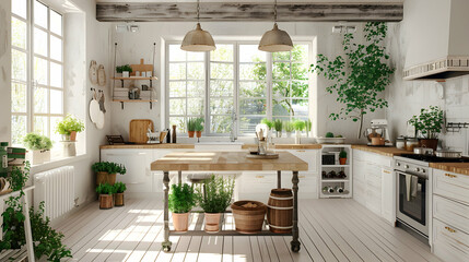 A bright kitchen with a wooden floor and a wooden butcher block island. There are two thyme plants...