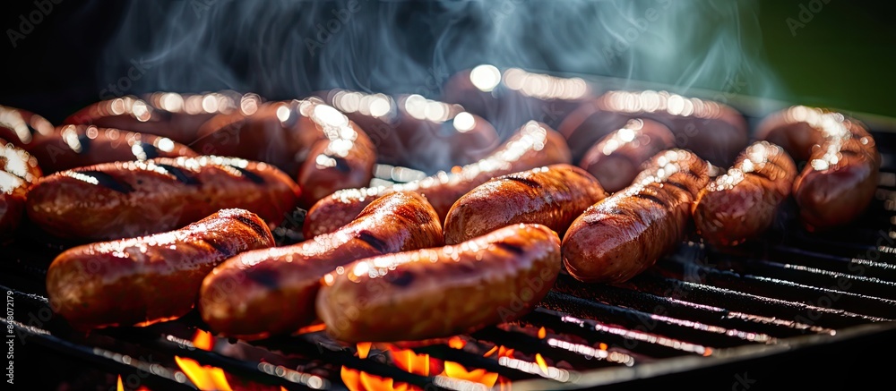 Sticker grilling sausages on barbecue grill selective focus. creative banner. copyspace image