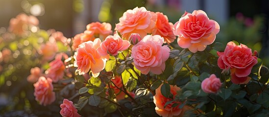Obraz premium Roses in the garden Roses are beautiful with a beautiful sunny day. Creative banner. Copyspace image