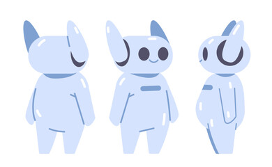 Cute robot side, front and back view on isolated background. Flat vector character