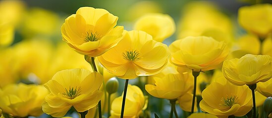 Obraz premium a close up of shiny yellow buttercup petals growing wild in a British garden. Creative banner. Copyspace image