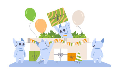 Group of cute robots with gifts and balloons are preparing for birthday. Flat vector party illustration