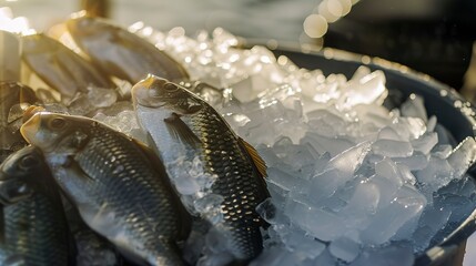 Fototapeta premium Close-up of a bucket of ice with assorted fish, shimmering scales and detailed textures, soft natural light, fresh and inviting. 