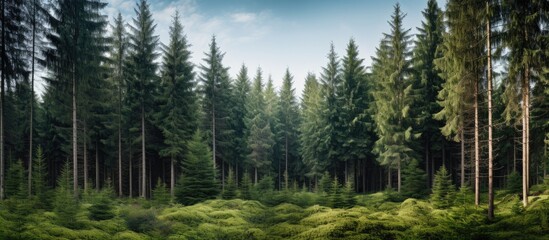 Dense forest Forest of coniferous trees of the highlands. Creative banner. Copyspace image