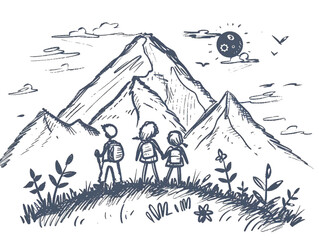 Fototapeta premium A small child's drawing showing a hiker hiking in a hilly area. Drawing in cartoon style.