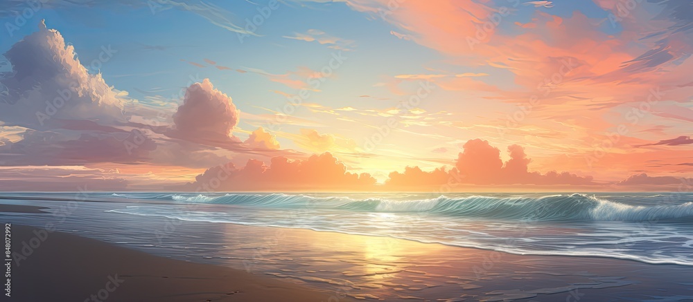 Poster seascape background with clouds and waves on sunrise. creative banner. copyspace image