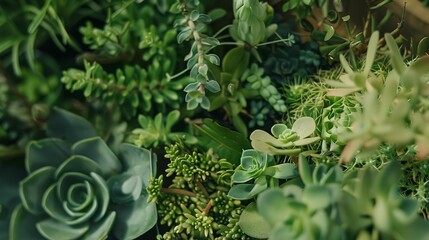Close-up of a display of succulents, varied shapes and rich green hues, soft natural light, detailed and textured.