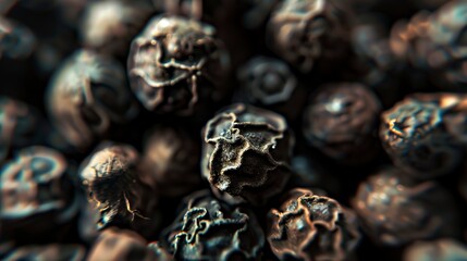 Macro shot of whole black peppercorns, rough textures and dark hues, soft ambient light, detailed and pungent.