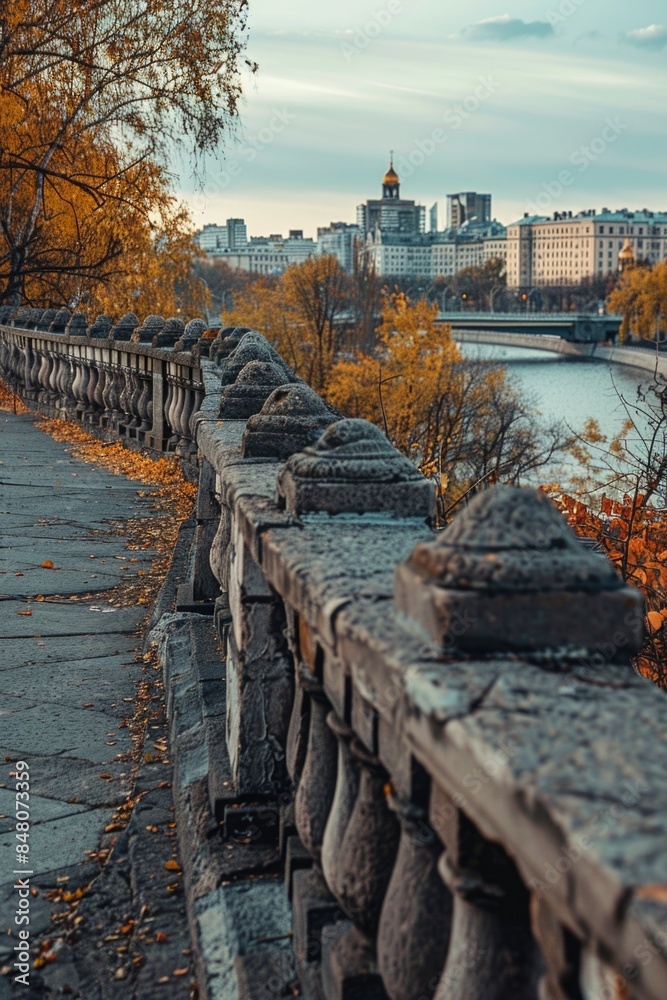 Poster a scenic view of a city taken from a bridge, suitable for use in urban planning, architecture, and t