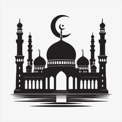 minimal mosque vector art illustration, silhouette on black, white background 
