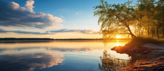 sunset at coast of the lake Nature landscape Nature in northern Europe reflection blue sky and yellow sunlight landscape during sunset. Creative banner. Copyspace image