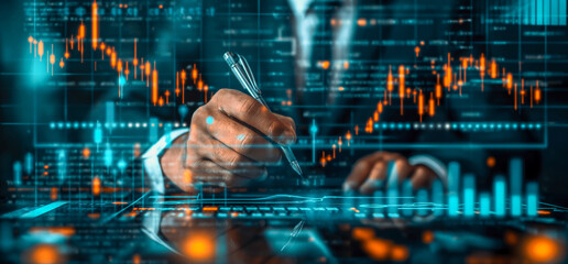 Fototapeta premium Concept of business, finance, e-commerce. Male business person sign contract using modern digital screen with stock market charts.